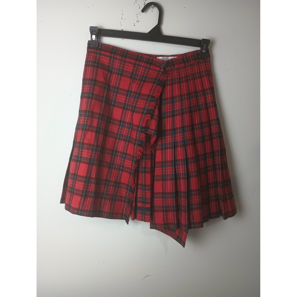 Amanda Smith Vintage Red Plaid Wool Pleated Wrap Skirt Fringed Hem Size 10